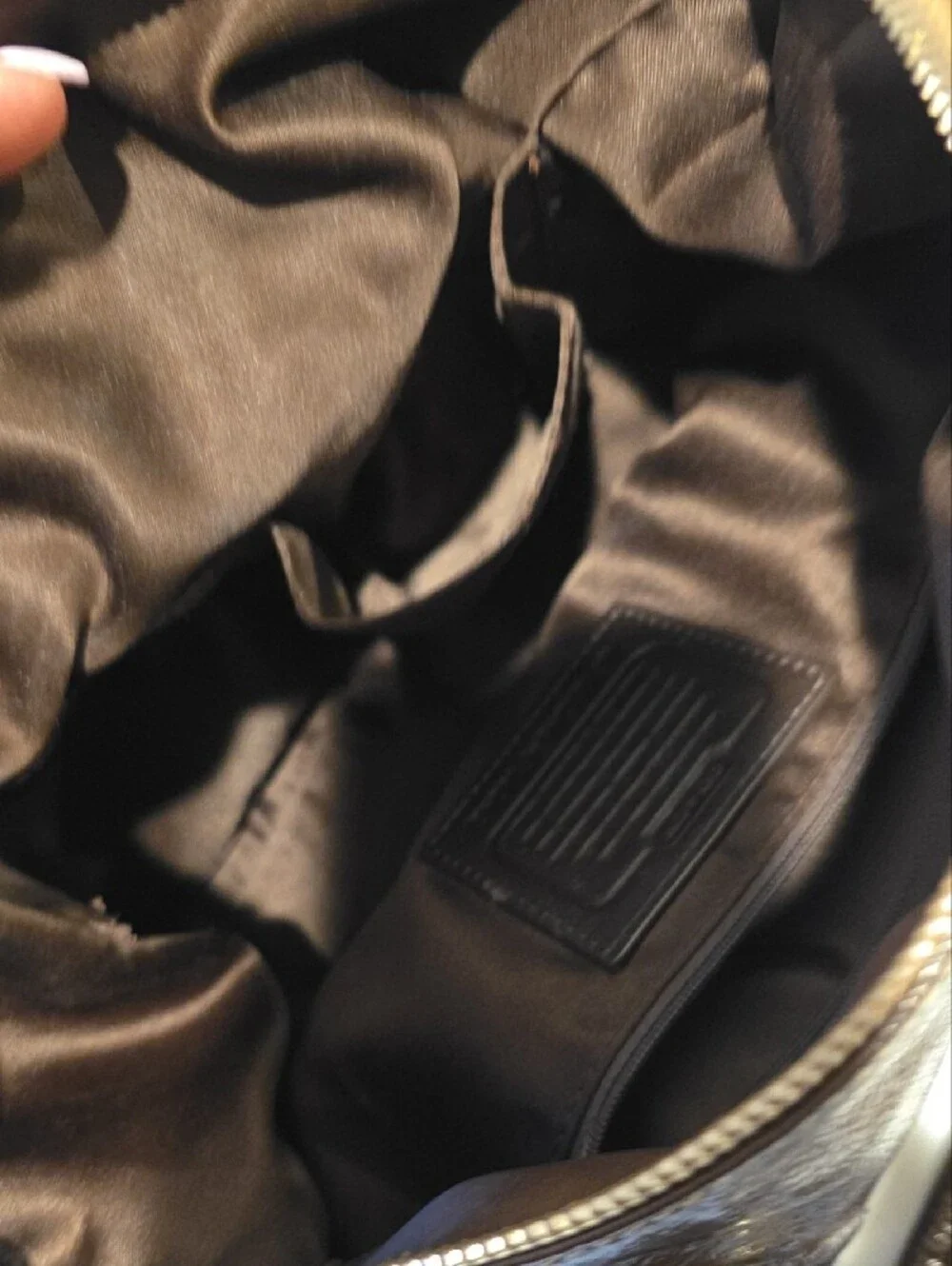 Coach Tan Signature Satchel with Dark Brown Patent Trim
